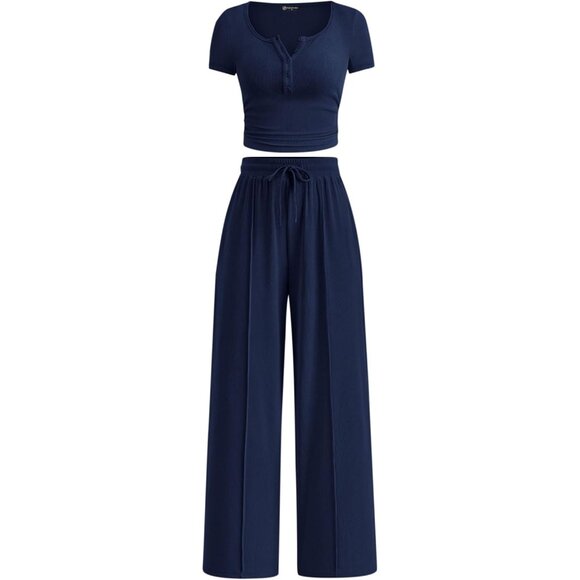 Women’s 2 Piece Summer Knit Outfits Lounge Set Casual Wide Leg Pants